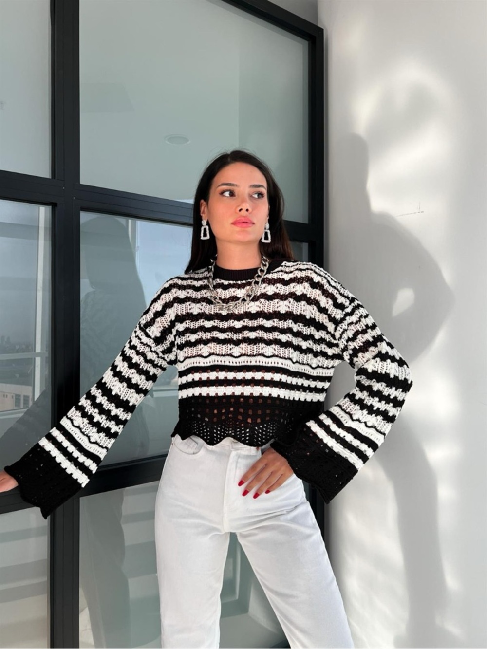 Striped Black & White Crewneck Sweater - Women's